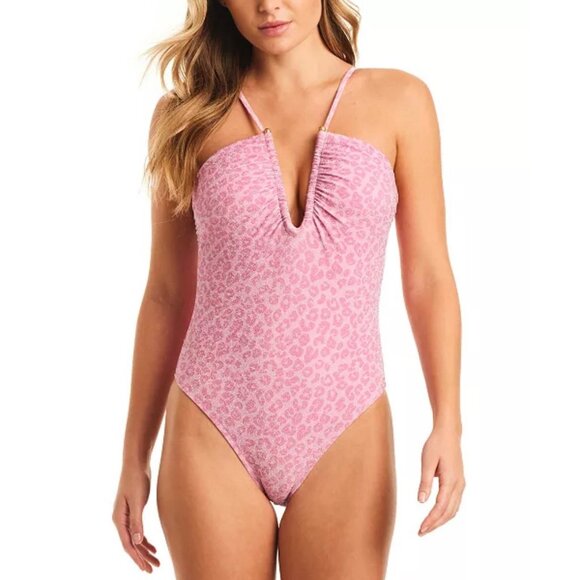 NWT JESSICA SIMPSON Womens S One-Piece Swimsuit Pink Metallic Animal Print - Picture 1 of 9